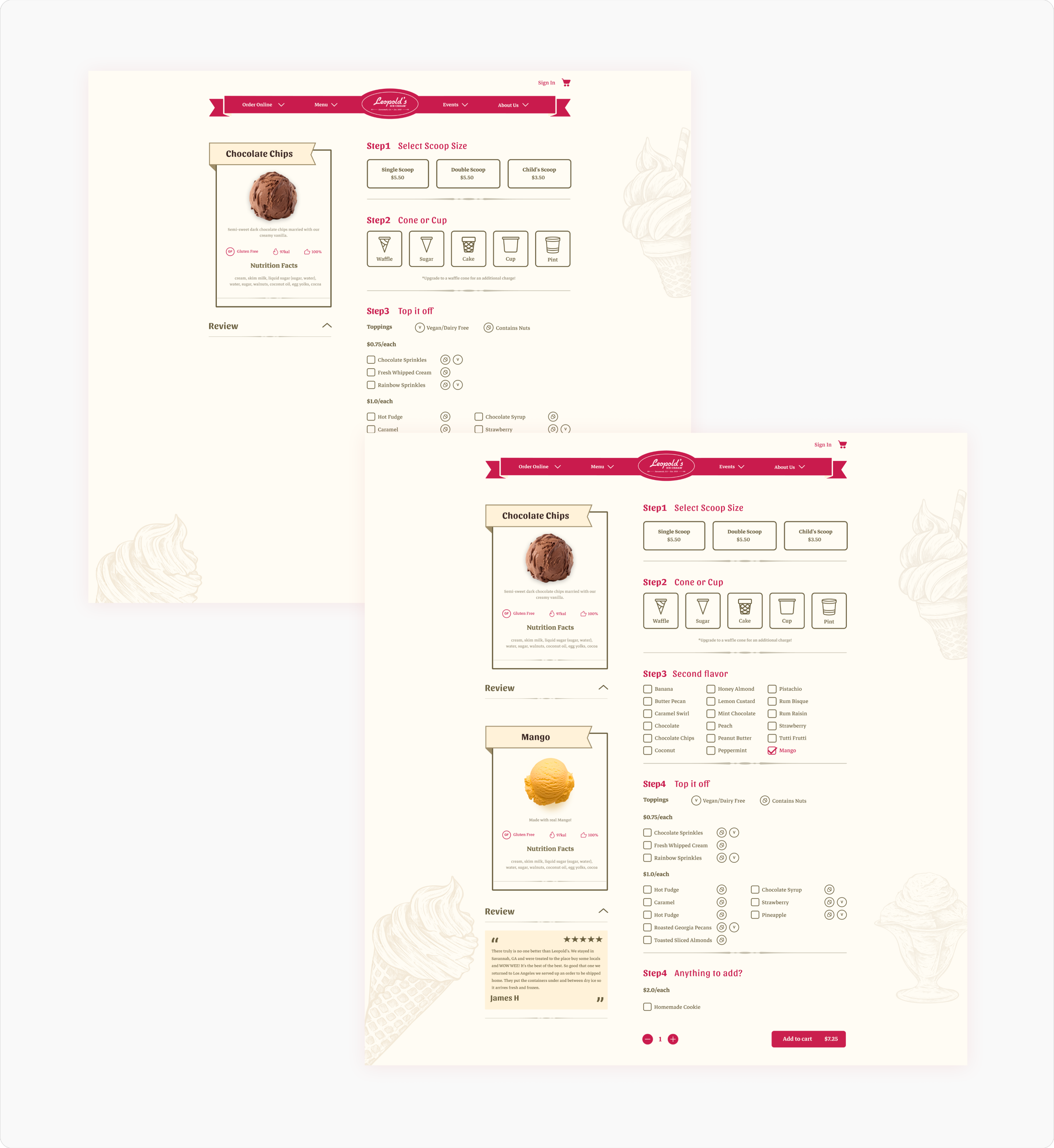 Leopold’s product customization interface with clearer flavor, ingredient, and allergy guidance